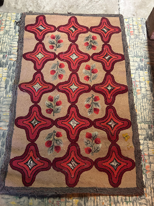Antique hand hooked rug 29.25” x 47”, red